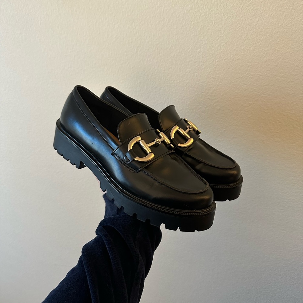 H&M Black Chunky Lug Sole Gold Embossed Slip On Loafers Size 40 - fit like 8